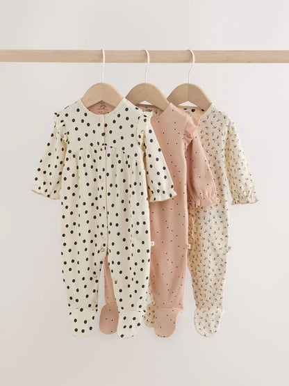 |BabyGirl| Kit com 3 Macacões de Bebê Creme e Rosa de Poá (0 meses a 2 anos)