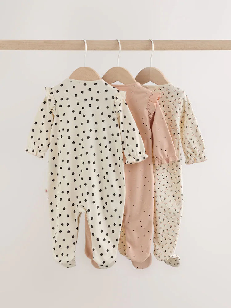 |BabyGirl| Kit com 3 Macacões de Bebê Creme e Rosa de Poá (0 meses a 2 anos)