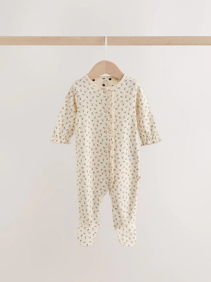 |BabyGirl| Kit com 3 Macacões de Bebê Creme e Rosa de Poá (0 meses a 2 anos)