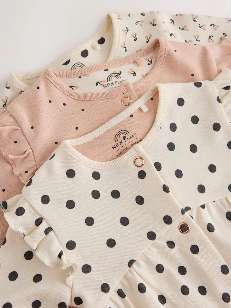 |BabyGirl| Kit com 3 Macacões de Bebê Creme e Rosa de Poá (0 meses a 2 anos)