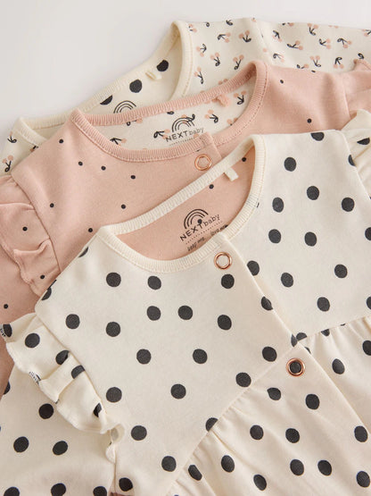 |BabyGirl| Kit com 3 Macacões de Bebê Creme e Rosa de Poá (0 meses a 2 anos)