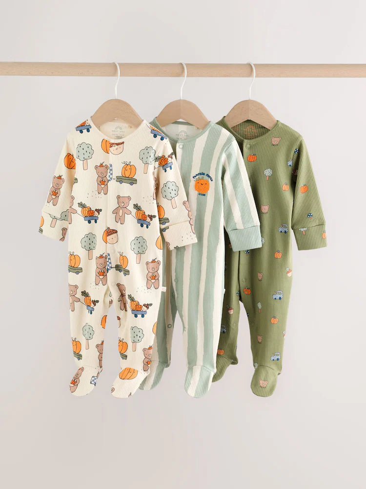 |BabyBoy| Kit com 3 Macacões de Bebê Verde-Sálvia com Estampa de Abóbora (0 meses a 2 anos)