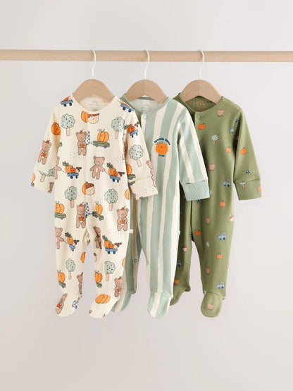|BabyBoy| Kit com 3 Macacões de Bebê Verde-Sálvia com Estampa de Abóbora (0 meses a 2 anos)