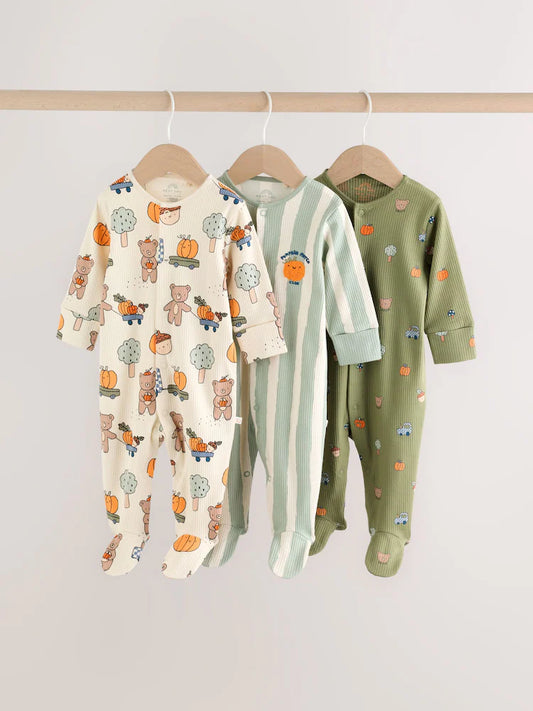 |BabyBoy| Kit com 3 Macacões de Bebê Verde-Sálvia com Estampa de Abóbora (0 meses a 2 anos)