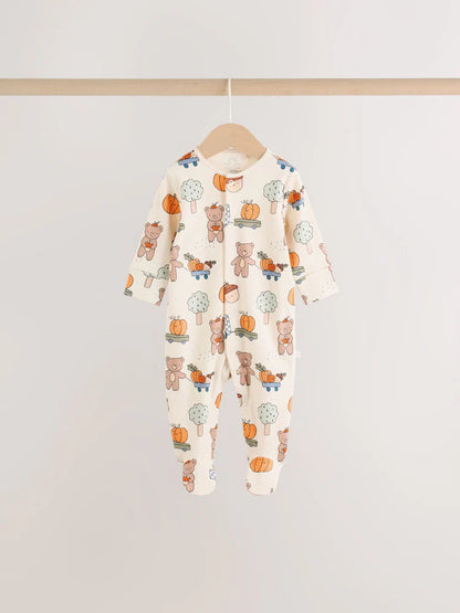 |BabyBoy| Kit com 3 Macacões de Bebê Verde-Sálvia com Estampa de Abóbora (0 meses a 2 anos)