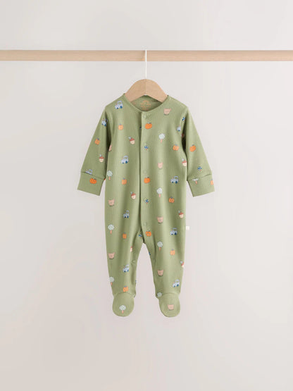 |BabyBoy| Kit com 3 Macacões de Bebê Verde-Sálvia com Estampa de Abóbora (0 meses a 2 anos)