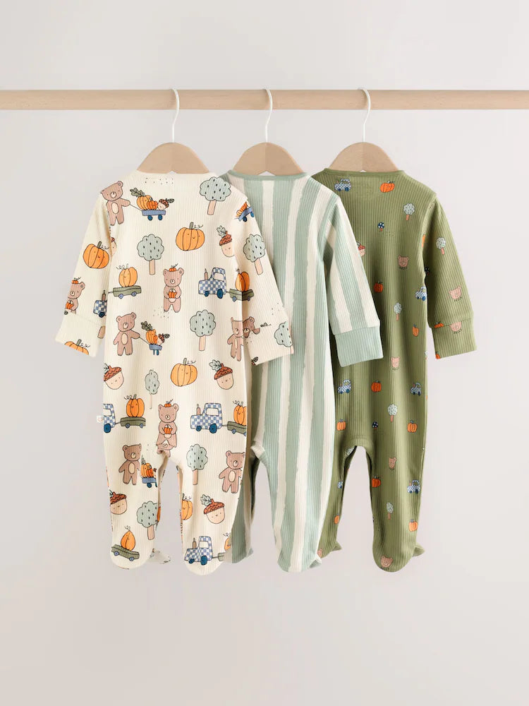|BabyBoy| Kit com 3 Macacões de Bebê Verde-Sálvia com Estampa de Abóbora (0 meses a 2 anos)
