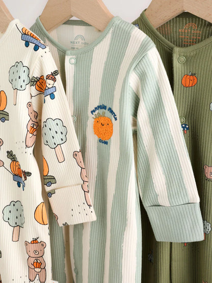 |BabyBoy| Kit com 3 Macacões de Bebê Verde-Sálvia com Estampa de Abóbora (0 meses a 2 anos)