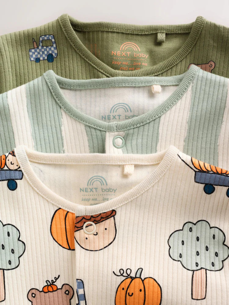 |BabyBoy| Kit com 3 Macacões de Bebê Verde-Sálvia com Estampa de Abóbora (0 meses a 2 anos)