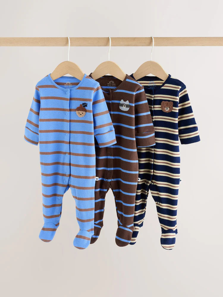 |BabyBoy| Kit Com 3 Macacões para Bebê Listrados Azul/Marrom (0 meses a 2 anos)