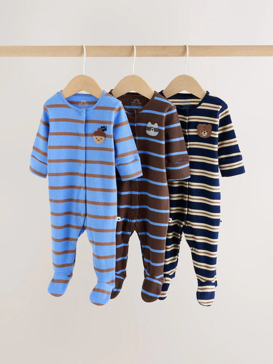 |BabyBoy| Kit Com 3 Macacões para Bebê Listrados Azul/Marrom (0 meses a 2 anos)