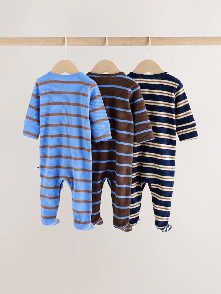 |BabyBoy| Kit Com 3 Macacões para Bebê Listrados Azul/Marrom (0 meses a 2 anos)