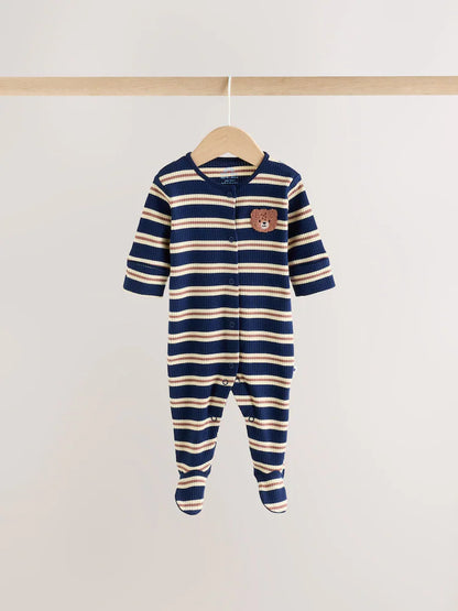 |BabyBoy| Kit Com 3 Macacões para Bebê Listrados Azul/Marrom (0 meses a 2 anos)