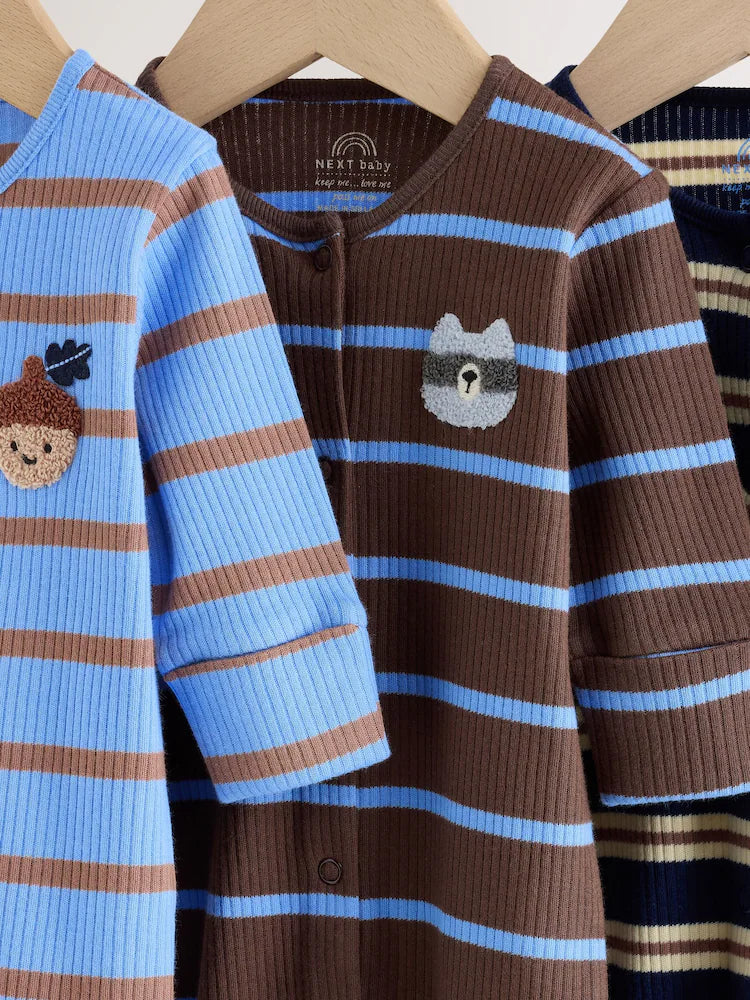 |BabyBoy| Kit Com 3 Macacões para Bebê Listrados Azul/Marrom (0 meses a 2 anos)