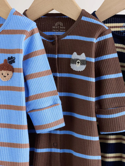 |BabyBoy| Kit Com 3 Macacões para Bebê Listrados Azul/Marrom (0 meses a 2 anos)