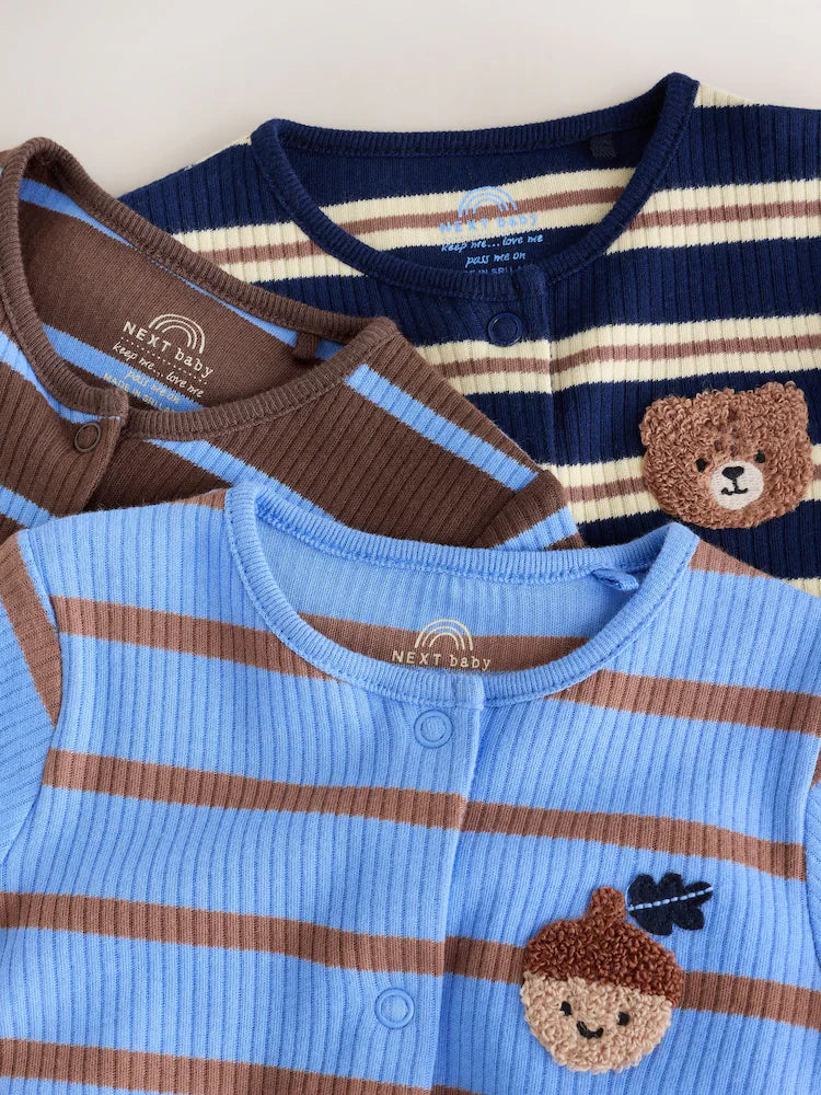 |BabyBoy| Kit Com 3 Macacões para Bebê Listrados Azul/Marrom (0 meses a 2 anos)