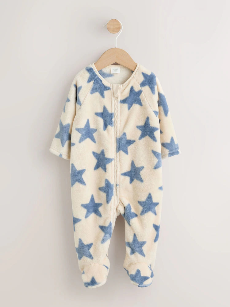 |BabyBoy| Macacão de Bebê em Fleece – Estampa de Estrelas (Azul/Neutro)