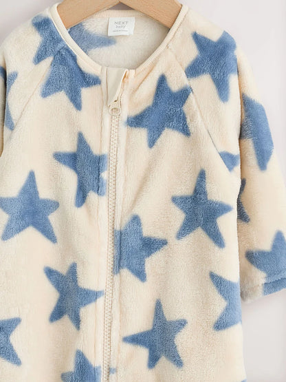 |BabyBoy| Macacão de Bebê em Fleece – Estampa de Estrelas (Azul/Neutro)