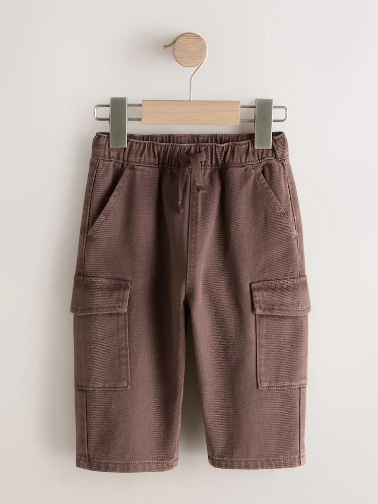 |Boy| Calça Cargo Marrom Lavada De Perna Larga (3 meses a 7 anos)