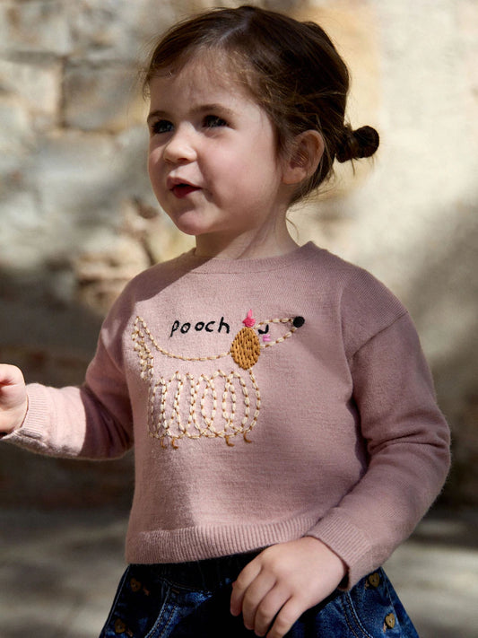 |Girl| Suéter Rosa com Bordado de Cachorrinho e Modelagem Ampla (3 meses a 7 anos)