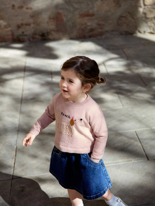 |Girl| Suéter Rosa com Bordado de Cachorrinho e Modelagem Ampla (3 meses a 7 anos)