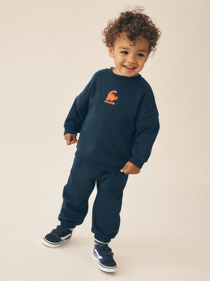 |Boy| Conjunto de Moletom Azul-Marinho com Estampa (Gola Careca) e Calça Jogger (3 meses a 7 anos)