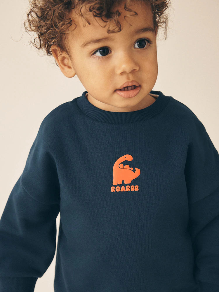 |Boy| Conjunto de Moletom Azul-Marinho com Estampa (Gola Careca) e Calça Jogger (3 meses a 7 anos)