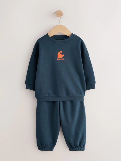 |Boy| Conjunto de Moletom Azul-Marinho com Estampa (Gola Careca) e Calça Jogger (3 meses a 7 anos)