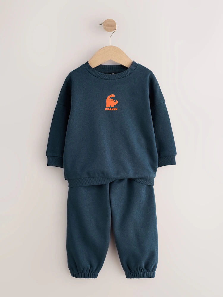 |Boy| Conjunto de Moletom Azul-Marinho com Estampa (Gola Careca) e Calça Jogger (3 meses a 7 anos)