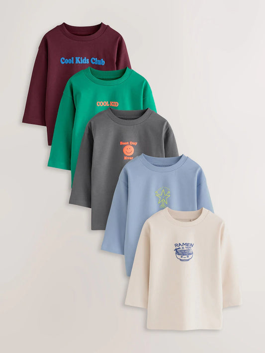 |Boy| Kit Com 5 Camisetas de Manga Longa com Estampas e Frases Coloridas e Divertidas (3 meses a 7 anos)