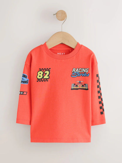 |Boy| Kit com 3 Camisetas de Manga Longa com Estampa de Carro de Corrida (Vermelho e Branco) (3 meses a 7 anos)