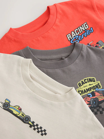 |Boy| Kit com 3 Camisetas de Manga Longa com Estampa de Carro de Corrida (Vermelho e Branco) (3 meses a 7 anos)