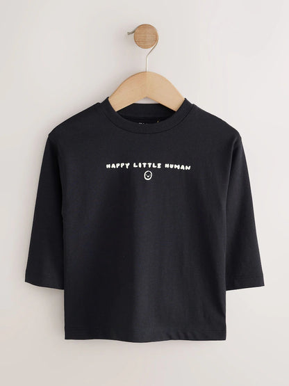 |Boy| Camiseta Preta De Manga Longa Com Estampa Pequena e Frase "Happy Little Human" (3 meses a 7 anos)