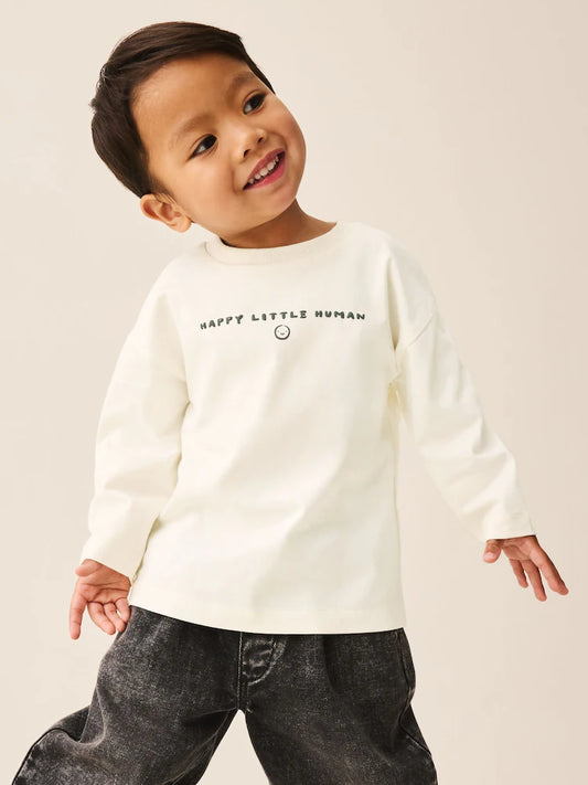 |Boy| Camiseta Branca De Manga Comprida Com Estampa Gráfica Pequena Do Slogan "Happy Little Human" (3 meses a 7 anos)