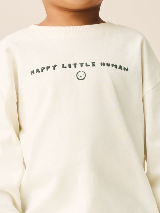 |Boy| Camiseta Branca De Manga Comprida Com Estampa Gráfica Pequena Do Slogan "Happy Little Human" (3 meses a 7 anos)