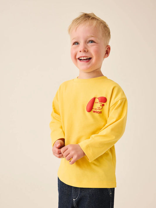 |Boy| Camiseta De Manga Comprida Com Estampa Gráfica De Cachorro Amarelo (tamanhos 3 meses a 7 anos)