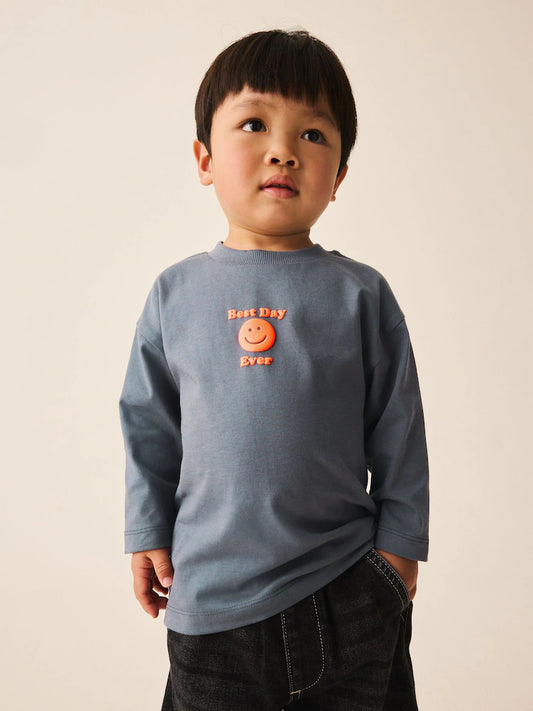 |Boy| Camiseta De Manga Comprida Com Estampa Gráfica "Smile" Na Cor Cinza Carvão (tamanhos 3 meses a 7 anos)