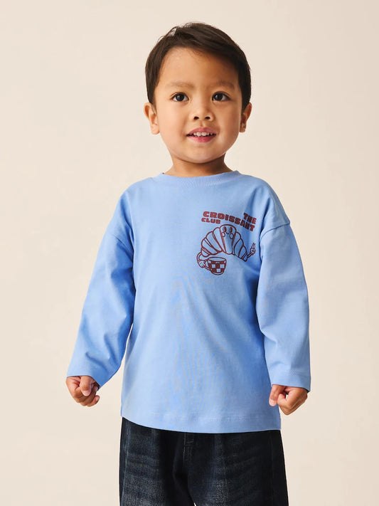|Boy| Camiseta de Manga Longa Blue Croissant Club com Estampa nas Costas (3 meses a 7 anos)