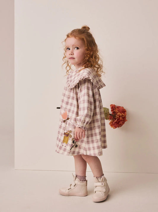 |Girl| Vestido de Manga Longa com Gola e Estampa Xadrez Marrom (3 meses a 7 anos)