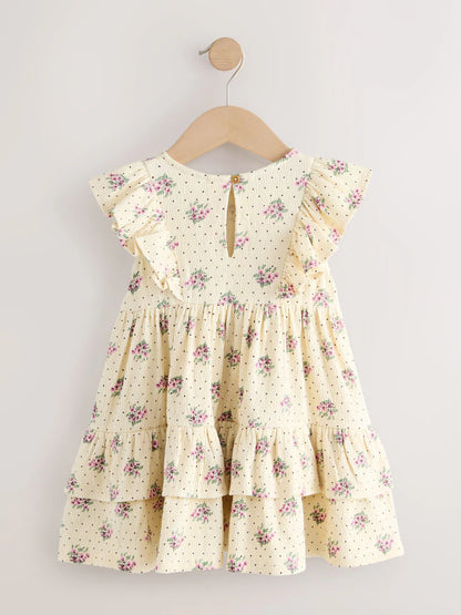 |Girl| Vestido De Verão Cor Creme Sem Mangas Com Detalhe De Laço e Babados (3 meses a 7 anos)