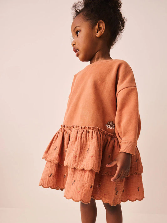 |Girl| Vestido de Moletom Laranja de Manga Longa com Bordado de Ouriço (3 meses a 7 anos)