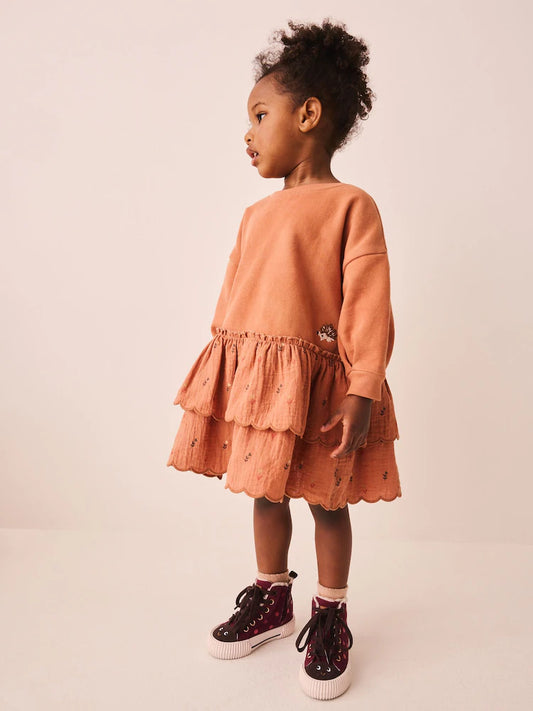|Girl| Vestido de Moletom Laranja de Manga Longa com Bordado de Ouriço (3 meses a 7 anos)