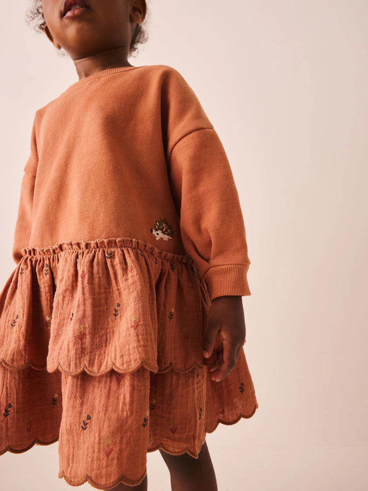 |Girl| Vestido de Moletom Laranja de Manga Longa com Bordado de Ouriço (3 meses a 7 anos)