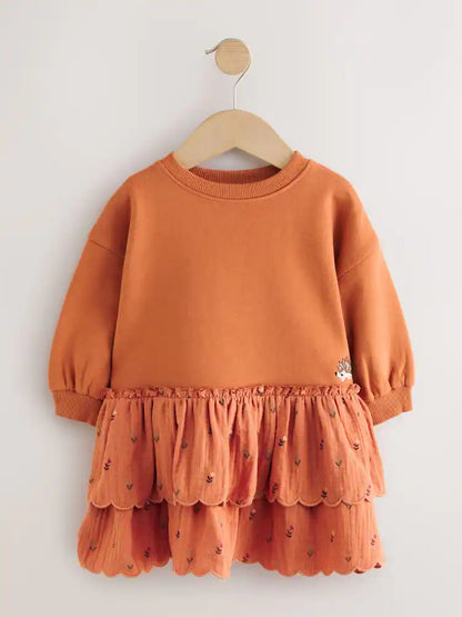 |Girl| Vestido de Moletom Laranja de Manga Longa com Bordado de Ouriço (3 meses a 7 anos)