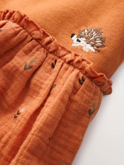 |Girl| Vestido de Moletom Laranja de Manga Longa com Bordado de Ouriço (3 meses a 7 anos)