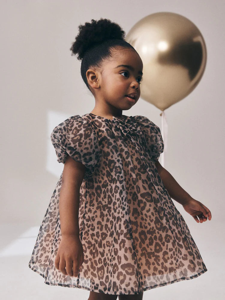 |Girl| Vestido De Tela Com Estampa De Leopardo e Manga Curta (3 meses a 7 anos)