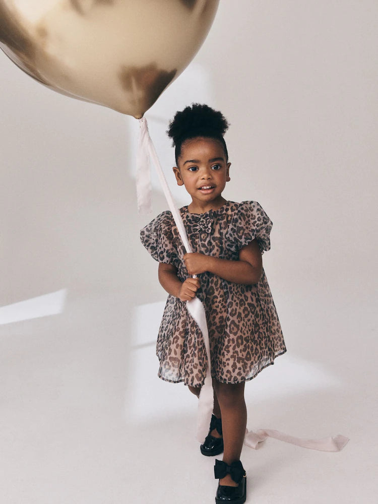 |Girl| Vestido De Tela Com Estampa De Leopardo e Manga Curta (3 meses a 7 anos)