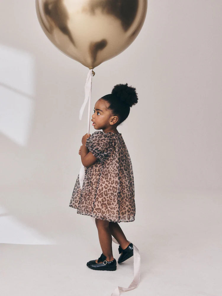 |Girl| Vestido De Tela Com Estampa De Leopardo e Manga Curta (3 meses a 7 anos)