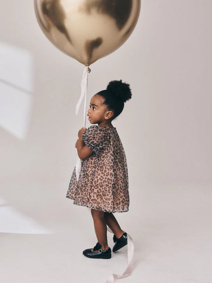 |Girl| Vestido De Tela Com Estampa De Leopardo e Manga Curta (3 meses a 7 anos)
