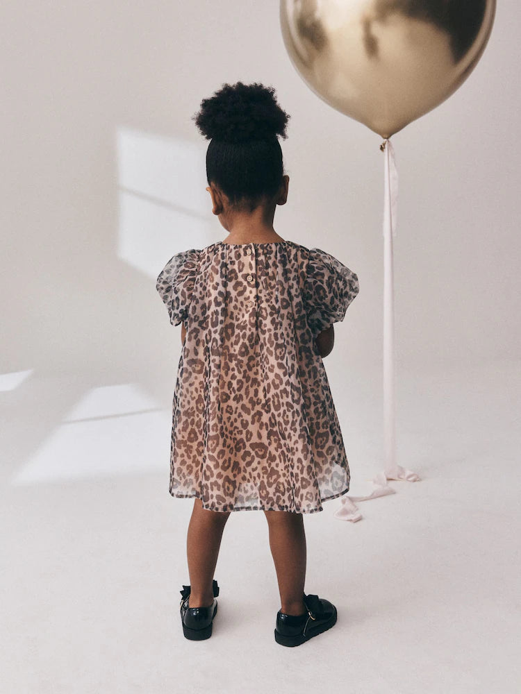 |Girl| Vestido De Tela Com Estampa De Leopardo e Manga Curta (3 meses a 7 anos)